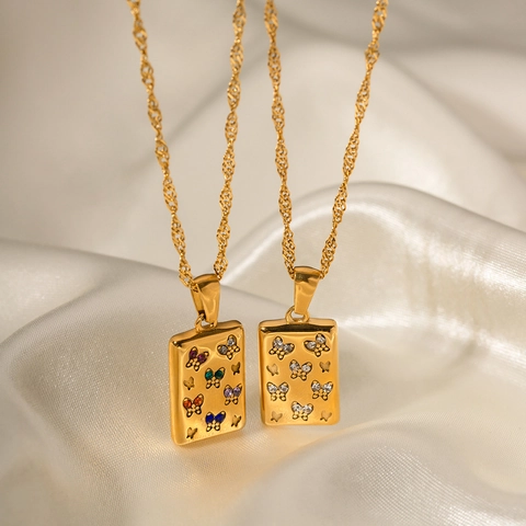 Vintage INS Style 18K Gold Plated Stainless Steel Square Butterfly Pendant Necklace With Cubic Zirconia For Women
