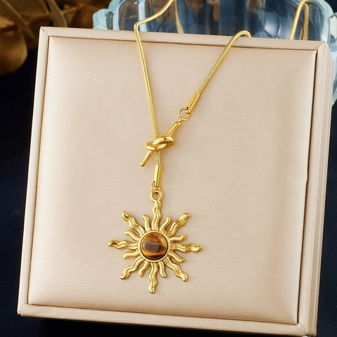 Retro Gold Plated Stainless Steel Necklace With Tiger Eye Sun Pendant And Knotted Snake Bone Chain For Women Boho