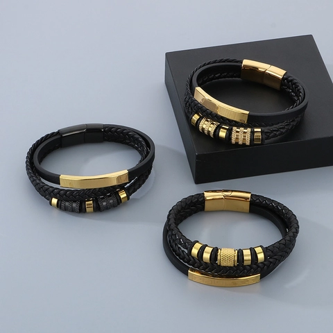 Men Braided Leather Bracelet Multi-layer Stainless Steel Geometric Pattern Magnetic Buckle Punk Style Jewelry