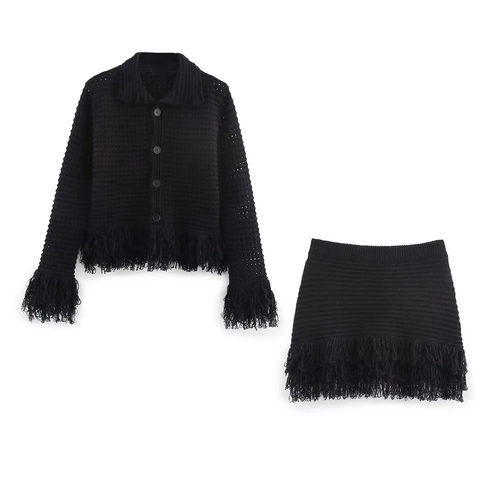 Tassel Fringe Strickjacke Und Minirock Langarm Revers Hohlknopf Down Casual Street Style Damen