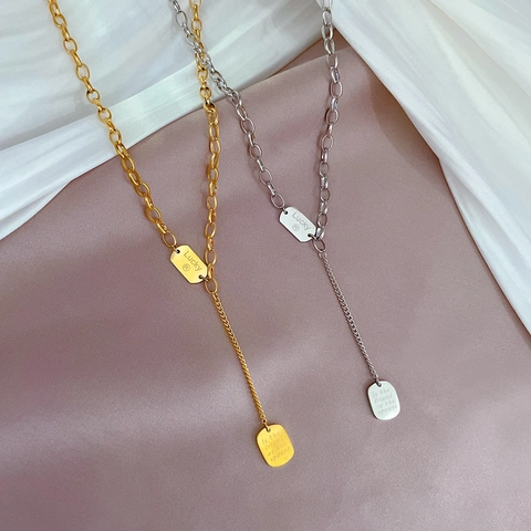 Titanium Stahl Anhänger Halskette Geometrische Gliederkette Y-Kette Doppel Rechteck Anhänger Graviert Lucky Minimalistischer Schmuck