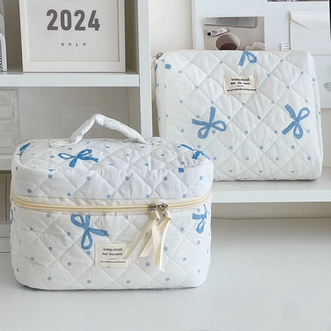 Bolsa De Maquillaje De Algodón Acolchado Lazo Azul Lunares Organizador De Aseo Bolso De Viaje Para Mujeres
