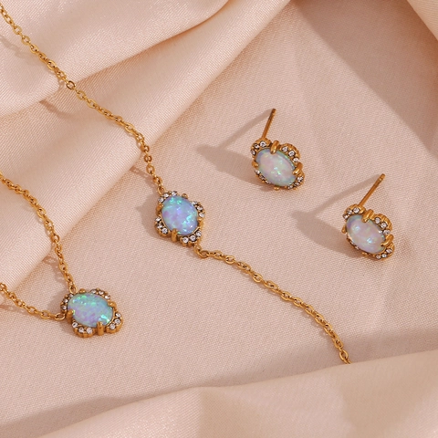 Vintage Stainless Steel Gold Plated Jewelry Set For Women Artificial Opal Rhinestone Petal Pendant Necklace Bracelet Earrings