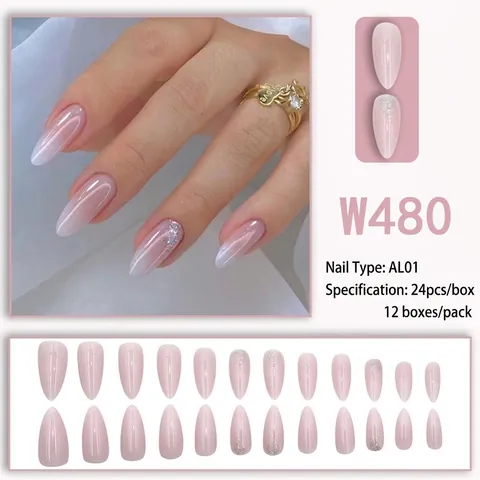 Unghie Finte Ombre Rosa Sfumato Forma Mandorla Lucide Unghie A Pressione Lunghe Con Glitter Argento Strass Per Donne