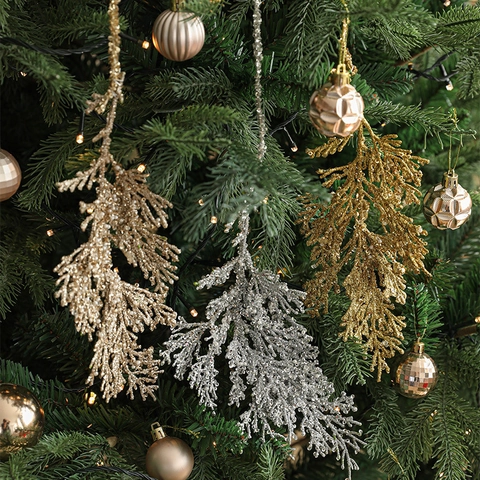 Ornamenti Rami Appesi Per Albero Di Natale Pendenti In Plastica Glitterata Foglie Di Cipresso Decorazione Festiva Casa