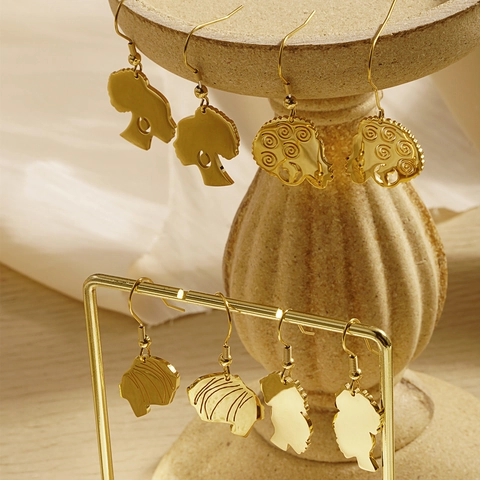 Vintage African Woman Profile Silhouette Dangle Earrings Gold Plated Stainless Steel Artistic Ethnic Jewelry For Women