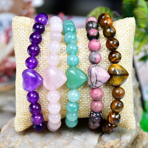 Natural Stone Beaded Bracelet Heart Shaped Pendant Amethyst Rose Quartz Aventurine Tiger Eye Rhodonite Healing Jewelry