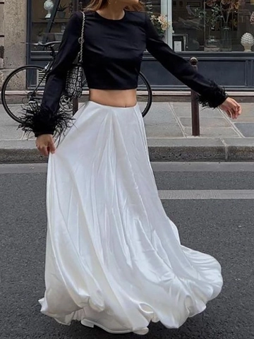 Women Satin Midi Skirt High Waist Solid Color Glossy Elegant French Style A-Line Bubble Hem Bottoms Chic Streetwear
