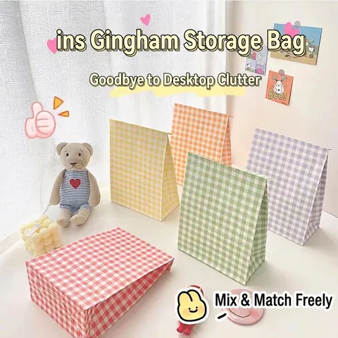 Gingham Kraft Paper Bags Multi Color Checkered Gift Wrapping Pouches With Serrated Edge Aesthetic Ins Style Storage