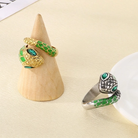Stainless Steel Snake Ring With Green Enamel And Emerald Green Rhinestone Eyes Open Adjustable Retro Luxury Jewelry