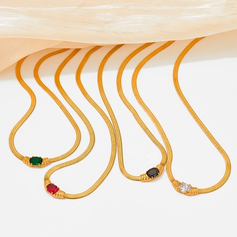 Stainless Steel Necklace Gold Plated Flat Herringbone Snake Chain With Oval Gemstone Pendant Elegant Fashion Jewelry For Women