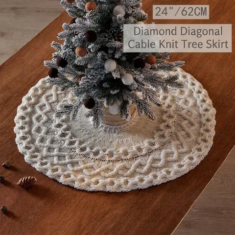Christmas Tree Skirt Cable Knit Rhombic Pattern Round Floor Mat Holiday Party Decoration Classic Rustic Farmhouse Decor
