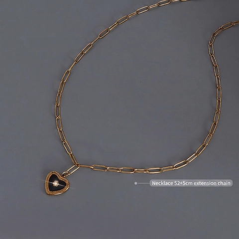Herz Anhänger Halskette Schwarze Emaille Zirkon Titanstahl Büroklammerkette Vintage Schmuck Für Damen