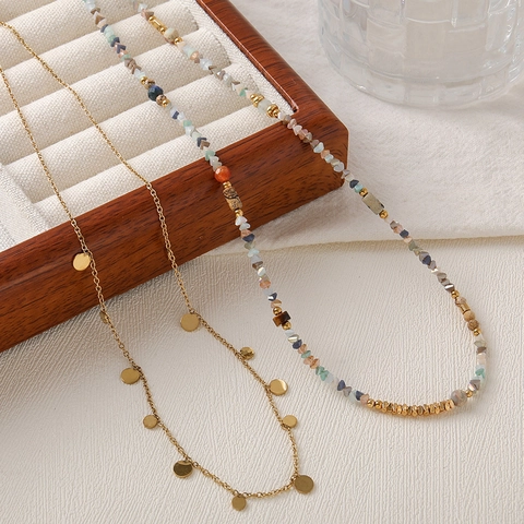 Bohemian Vintage Natural Stone Beaded Layered Necklace For Women Picture Stone Tiger Eye Crystal Copper Gold Metal Choker