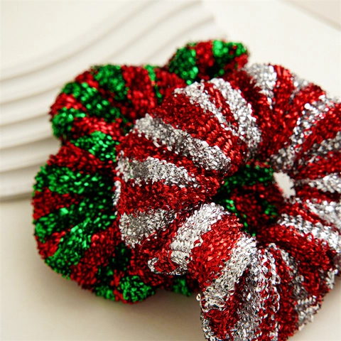 Shiny Metallic Christmas Hair Scrunchies Glitter Striped Elastic Hair Ties Festive Holiday Headdress For Women