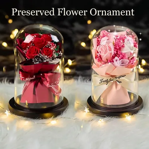 Fiore Di Sapone Rosa Cupola Di Vetro Luce Led Base Di Legno Regalo Romantico San Valentino Anniversario Compleanno Decorazione Da Tavolo Per Donne