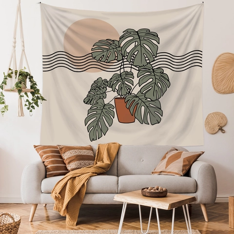 Tapiz De Pared De Poliéster Impresión Planta Monstera Ilustración Ola Puesta Sol Decoración Dormitorio Minimalista Nórdico