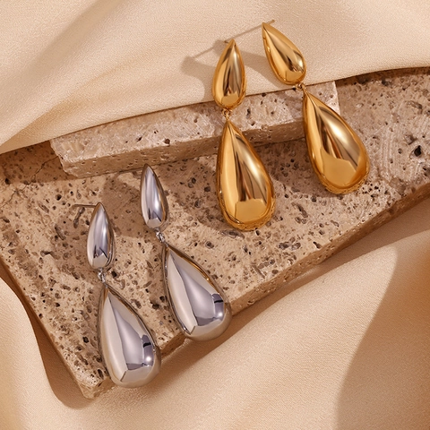 Französische Vintage Edelstahl Wassertropfen Ohrringe 18K Vergoldet Geometrische Hochglanzpolierte Ohrhänger Für Damen