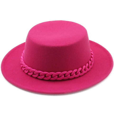 Sombrero Boater De Fieltro Retro Para Mujer Con Decoración De Cadena De Plástico Grueso Color Sólido Fedora De Ala Ancha