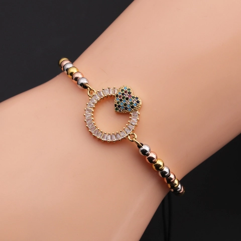 Bracciale Con Ciondolo A Cuore In Rame Con Zirconia Cubica Colorata Micro Pavé Gioielli Da Mano Regolabili Da Donna