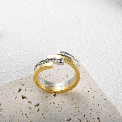 Modern Stainless Steel Rhinestone Encrusted Dual Color Open Ring For Women Minimalist Geometric Multi Layer Finger Jewelry Gift