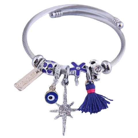 Adjustable Stainless Steel Wire Bangle With Evil Eye Alloy Rhinestone Star Charms And Cotton Tassel Bohemian Jewelry