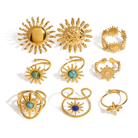 Bohemian Sonnenblumen Ring Offen 18K Vergoldet Edelstahl Verstellbar Vintage Sternschliff Schmuck Für Damen
