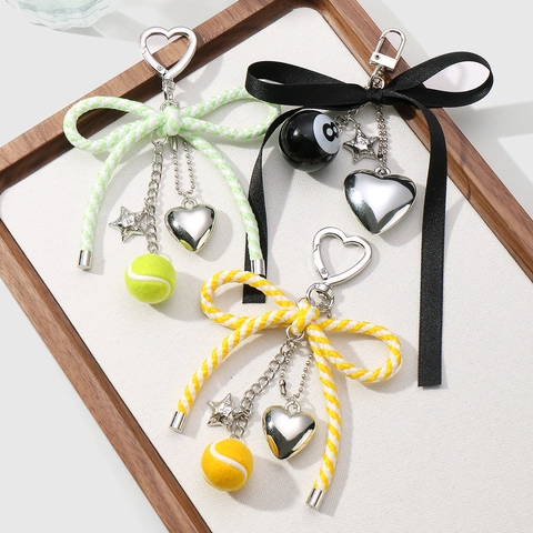 Ins Style Delicate Bow Keychain With Pool 8 Ball Tennis Ball Zinc Alloy Heart Star Pendant Bag Charm For Women Gift