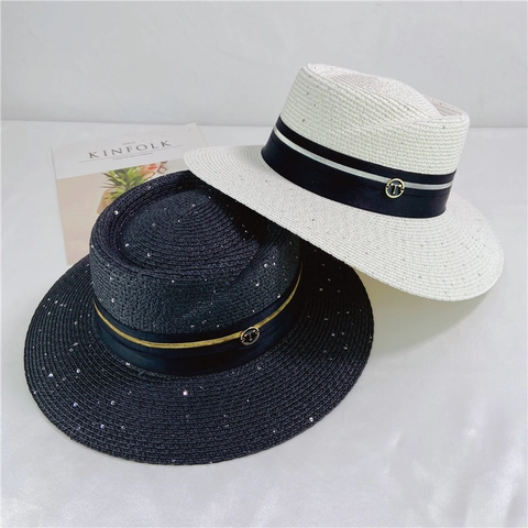 Women Straw Boater Hat Wide Brim Sun Protection Sequin Ribbon Metal Buckle Beach Vacation Summer Adjustable