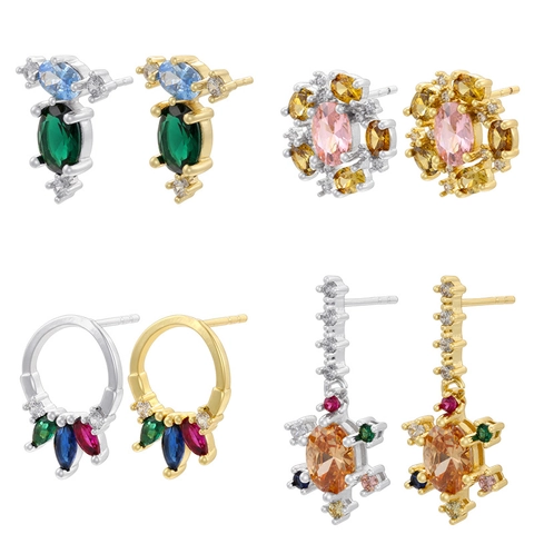 Elegant Brass Flower Earrings With Colorful Zircon Round Petal Geometric Stud Earrings Women Fashion Luxury Jewelry