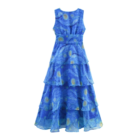 Vestido Maxi Con Estampado Noche Estrellada Sin Mangas Cuello En V Volantes Escalonados Organza Verano Elegante Para Mujer