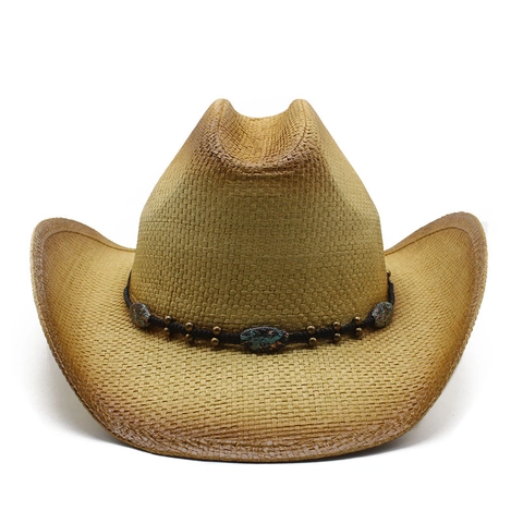 Western Cowboy Strohhut Papier Geflochten Sonnenschutz Outdoor Strand Retro Ethnisch Perlen Türkis Dekor