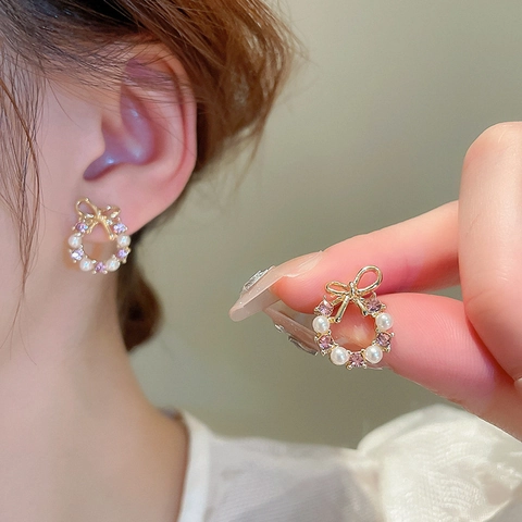 Orecchini A Lobo Con Fiocco E Corona In Lega Strass Con Perla Artificial Sintetica E Perno In Argento Moda Coreana Per Donna