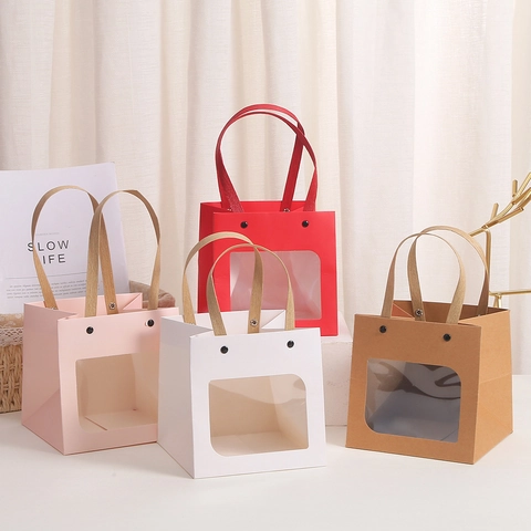 Square Cardboard Gift Bag With Transparent Window Hollow Smile Face Handle For Flower Valentine Day Party Favor