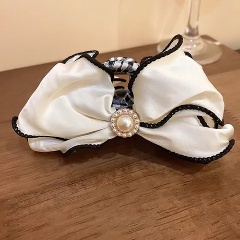 Eleganter Großer Schleife Haarklammer Satinstoff Kunstperle Französischer Stil Haarschmuck Für Damen