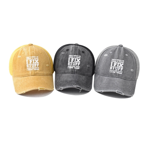 Vintage Washed Cotton Mesh Trucker Hat I Fix Stuff And I Know Things Printed Baseball Cap Distressed Adjustable Outdoor Sun Hat For Men Women