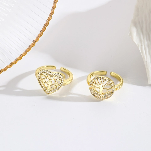 Anello Regolabile Albero Della Vita Placcato Oro 18K Rame Zircone Cuore Stile Retrò Per Uomo Donna