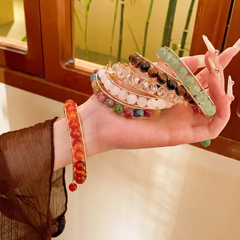Bracciale Perline Cristallo Retrò Fatto A Mano Filo Dorato Avvolto Pietra Occhio Di Tigre Gioielli Regolabili Con Ciondolo Farfalla