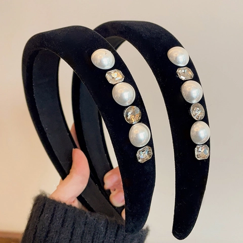 French Vintage Black Velvet Padded Headband With Artificial Pearls Rhinestones Elegant Wide Hair Band For Women Jewelry