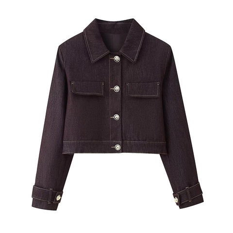 Women Contrast Stitching Jacket And Flare Pants Denim Texture Casual Streetwear High Waist Short Outfits