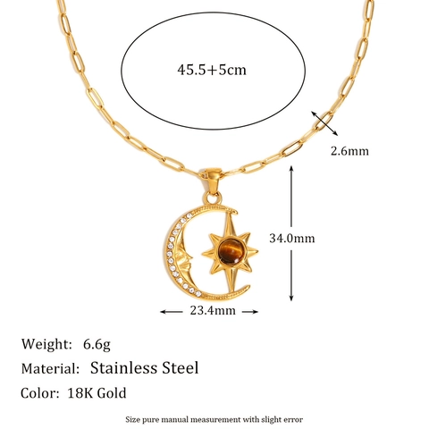Star Moon Pendant Necklace 18K Gold Plated Stainless Steel Tiger Eye Stone Zircon Paperclip Chain Celestial For Women