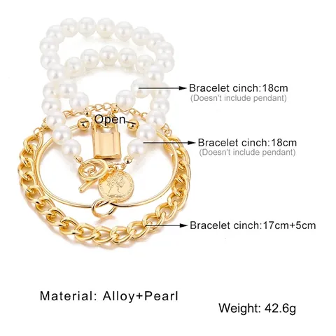 Punk Gliederkette Armreif Imitation Künstliche Perlen Armbänder Schloss Münze Anhänger Streetstyle Herren Damen Legierung Schmuck