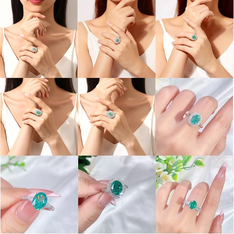 Luxury 925 Sterling Silver Ring For Women Created Emerald Paraiba Zirconia Gemstone Halo Vintage Engagement Jewelry Wedding Finger Ring