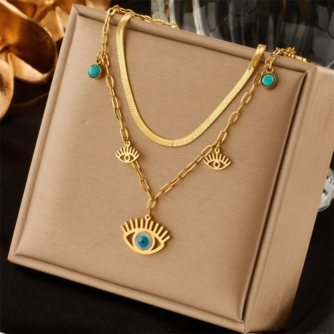 Collier Double Couche en Acier Inoxydable Plaqué Or 18K Vintage Avec Pendentifs Œil Maléfique Chaîne Serpent Femme Bijoux