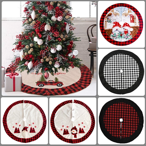 Jupe De Sapin De Noël À Carreaux Buffalo Lin Flanelle Couverture De Base Ronde Gnome Père Noël Bonhomme De Neige Camion