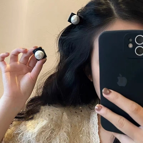 Mini Pinza Para El Cabello Con Perla Artificial Grande Elegante Horquilla De Plástico Negro Accesorio Estilo Retro Coreano