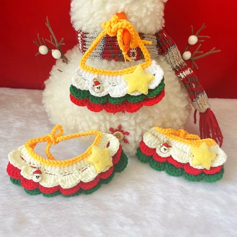Bavoir De Noël Tricoté Pour Animaux Collier Crochet Multi Couches Avec Étoile Père Noël Pendentif Chats Chiens Costume