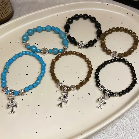 Vintage Natural Stone Beaded Bracelet With Alloy Cross Pendant Gothic Punk Style Elastic Wristband Jewelry Men Women