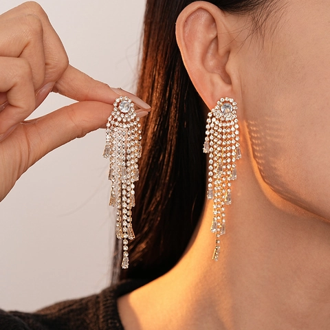 Long Tassel Drop Earrings Geometric Zircon Rhinestone Copper With Silver Earring Post Elegant Luxury Jewelry For Women