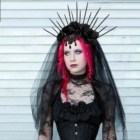 Gotische Halo Kroon Hoofdband Met Zwarte Kunstrozen Kant Sluier Rode Rijnsteen Halloween Cosplay Haaraccessoires
